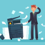 Printer broken. Confused business worker broke copier, office copy machine and lot of paper documents cartoon vector illustration