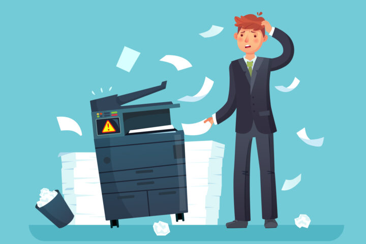 Printer broken. Confused business worker broke copier, office copy machine and lot of paper documents cartoon vector illustration