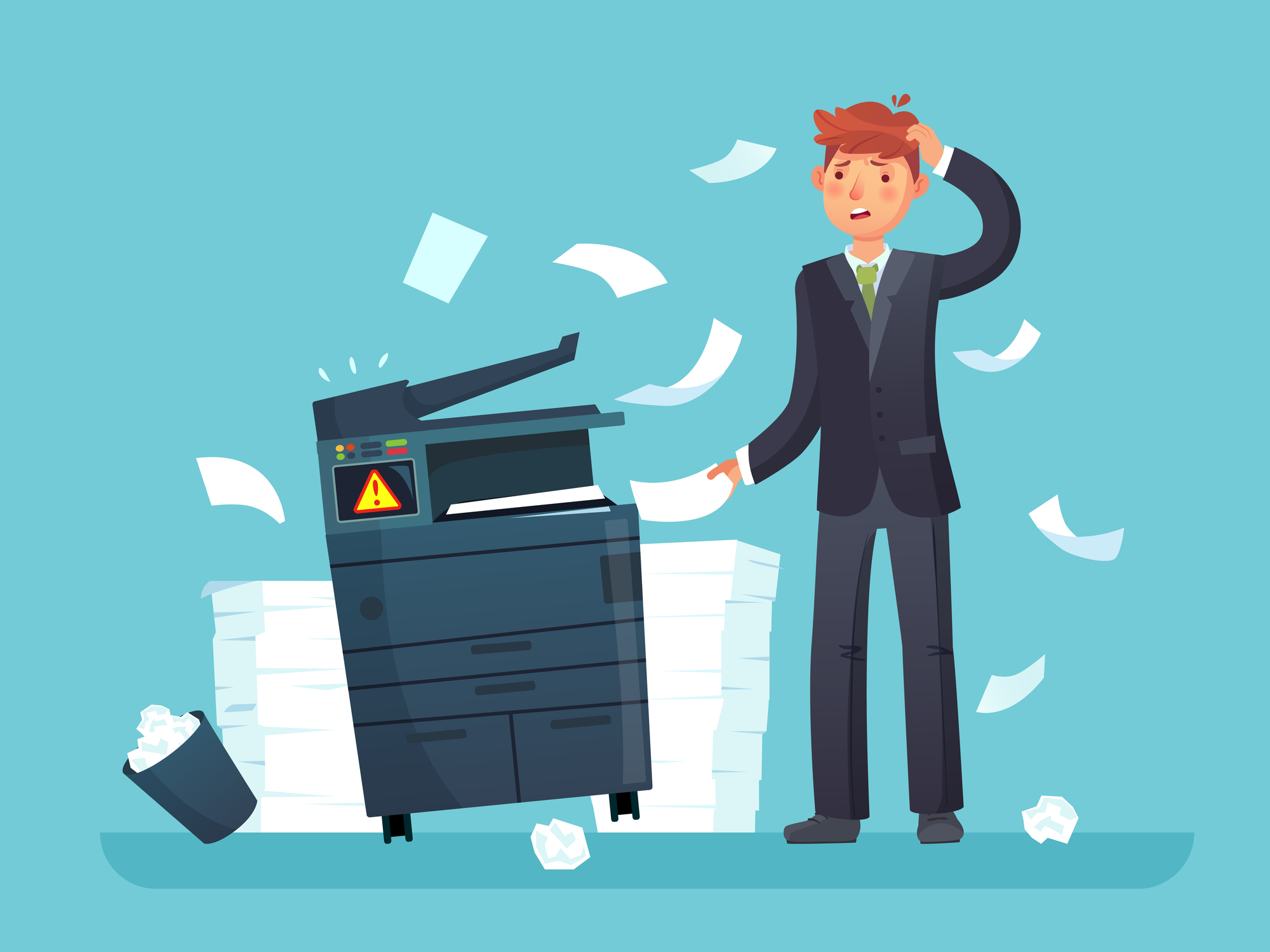 Printer broken. Confused business worker broke copier, office copy machine and lot of paper documents cartoon vector illustration