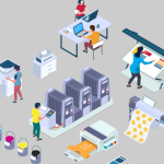 Illustration of office printing and design services with equipment and workers.